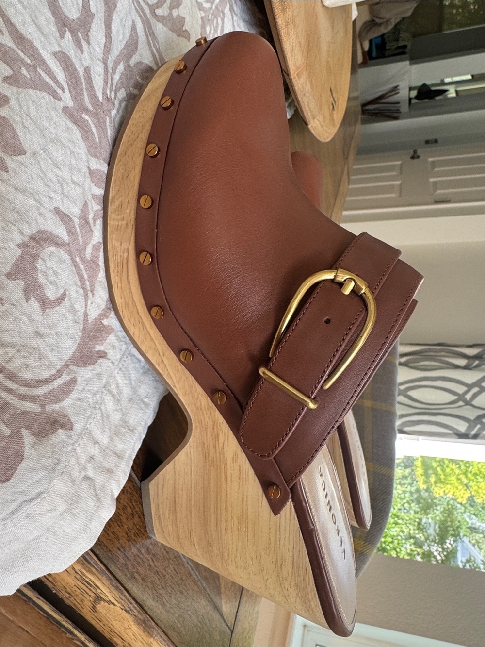EUC Veronica Beard Women's Brown Leather Clog with Gold Buckle